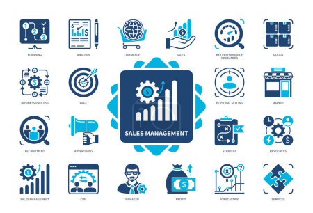 Illustration for Sales Management icon set. Business Process, Commerce, Strategy, Planning, Personal Selling, Forecasting, CRM. Duotone color solid icons - Royalty Free Image