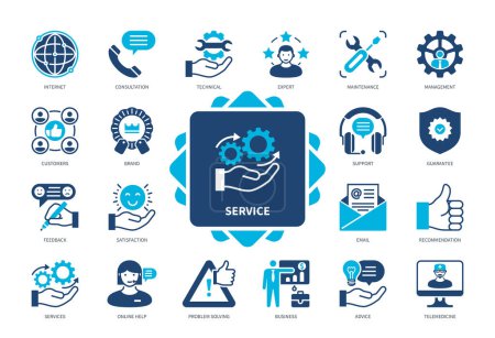 Illustration for Service icon set. Support, Online Help, Maintenance, Advice, Consultation, Expert, Brand, Guarantee. Duotone color solid icons - Royalty Free Image