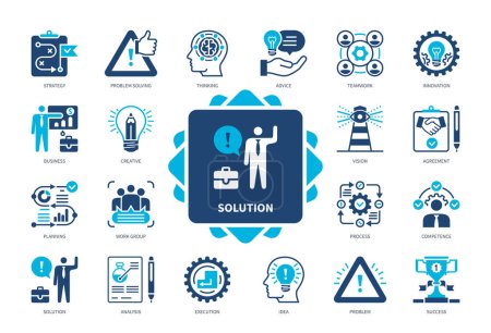 Illustration for Solution icon set. Planning, Analysis, Problem Solving, Strategy, Thinking, Idea, Execution, Success. Duotone color solid icons - Royalty Free Image