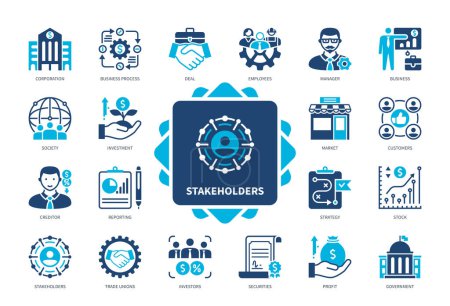 Stakeholder-Icon gesetzt. Regierung, Unternehmen, Kunden, Gewerkschaften, Anleger, Gläubiger, Gesellschaft, Arbeitnehmer. Duotonfarbe einfarbige Symbole