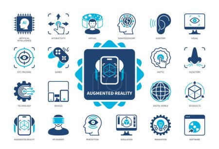 Illustration for Augmented Reality icon set. Technology, Interactivity, Artificial Intelligence, Innovation, Eye Tracking, Virtual, 3D Object, VR Headset. Duotone color solid icons - Royalty Free Image