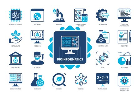 Illustration for Bioinformatics icon set. Computer Science, Biology, Chemistry, Gene, Statistics, Laboratory, Research, Computer Programming. Duotone color solid icons - Royalty Free Image