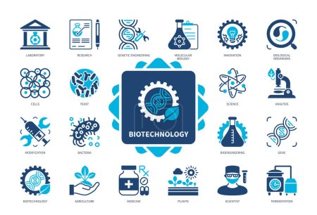 Illustration for Biotechnology icon set. Biological Organisms, Bioengineering, Research, Modification, Cells, Molecular Biology, Fermentation, Yeast. Duotone color solid icons - Royalty Free Image