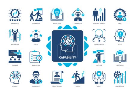 Illustration for Capability icon set. Qualification, Competence, Knowledge, Leadership, Career, Ability, Personal Growth, Management. Duotone color solid icons - Royalty Free Image