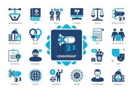 Illustration for Censorship icon set. Governance, Control, Suppression System, Internet, Information, Self-Censorship, Human Rights, Mass Media. Duotone color solid icons - Royalty Free Image