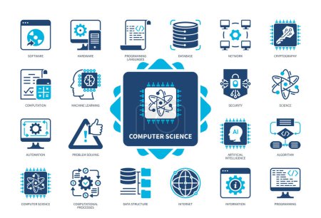 Illustration for Computer Science icon set. Computation, Automation, Software, Science, Algorithm, Data Structure, Problem Solving, Hardware. Duotone color solid icons - Royalty Free Image