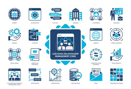 Illustration for Customer relationship management CRM icon set. Business, Sales, Target Audience, Social Media, Forecasting, Information, Customers, Marketing Materials. Duotone color solid icons - Royalty Free Image