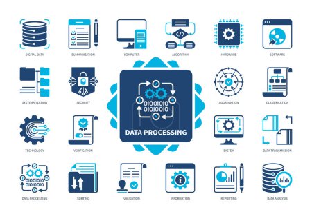 Illustration for Data Processing icon set. Data, Validation, Aggregation, Summarisation, Data Analysis, Classification, Verification, Reporting. Duotone color solid icons - Royalty Free Image