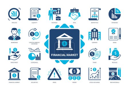 Financial Market icon set. Securities, Risks, Stock Exchange, Cryptocurrency Exchange, Dividend, Trade, Analysis, Revenue. Duotone color solid icons