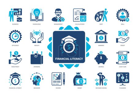 Illustration for Financial Literacy icon set. Knowledge, Spending, Management, Business, Savings, Efficiency, Income, Planning. Duotone color solid icons - Royalty Free Image
