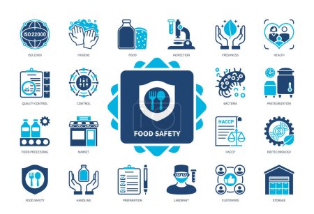 Illustration for Food Safety icon set. Freshness, Hygiene, Biotechnology, Quality Control, Food Processing, Inspection, HACCP. Duotone color solid icons - Royalty Free Image