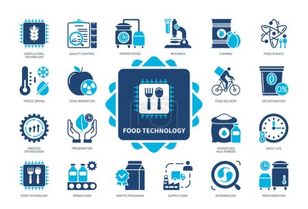 Illustration for Food Technology icon set. Quality Control, Production, Pasteurization, Food Science, Aseptic Packaging, Preservation, Freeze Drying, Fermentation. Duotone color solid icons - Royalty Free Image