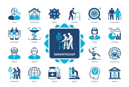 Illustration for Gerontology icon set. Aging, Society, Elderly People, Demographics, Psychology, Nursing Home, Geriatrics, Cognitivity. Duotone color solid icons - Royalty Free Image