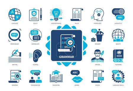 Illustration for Grammar icon set. Writing, Language, Morphology, Speech, Rules, Education, Syntax, Understanding. Duotone color solid icons - Royalty Free Image