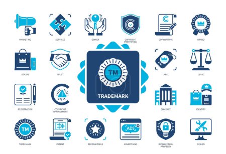 Illustration for Trademark icon set. Brand, Copyright Protection, Marketing, Legal, Ownership, Label, Registration, Patent. Duotone color solid icons - Royalty Free Image