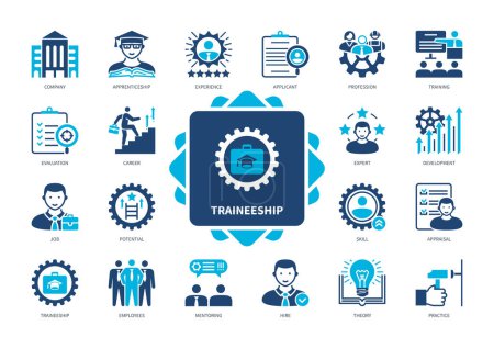 Illustration for Traineeship icon set. Profession, Apprenticeship, Experience, Skill, Potential, Development, Career, Training. Duotone color solid icons - Royalty Free Image