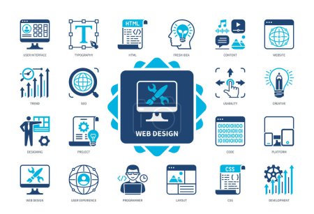 Illustration for Web Design icon set. Platform, Usability, Content, Fresh Idea, Layout, User Experience, User Interface, Website. Duotone color solid icons - Royalty Free Image