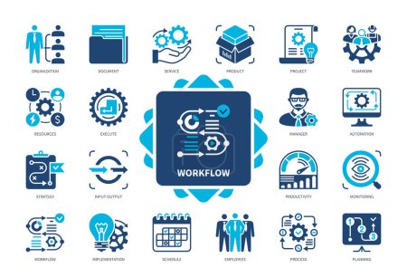 Workflow-Symbol gesetzt. Teamarbeit, Strategie, Projekt, Zeitplan, Manager, Ressourcen, Prozess, Dokumentation. Duotonfarbe einfarbige Symbole