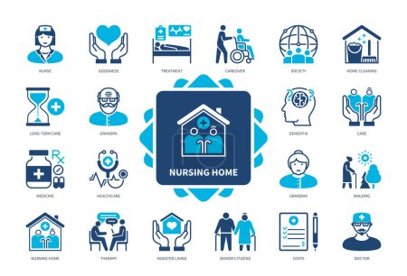 Illustration for Nursing Home icon set. Long-Term Care, Senior Citizens, Healthcare, Dementia, Therapy, Medicine, Caregiver, Assisted Living. Duotone color solid icons - Royalty Free Image