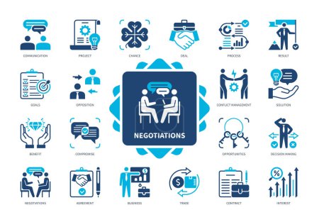 Illustration for Negotiations icon set. Goals, Compromise, Contract, Solution, Opportunities, Communicate, Conflict Management, Agreement. Duotone color solid icons - Royalty Free Image