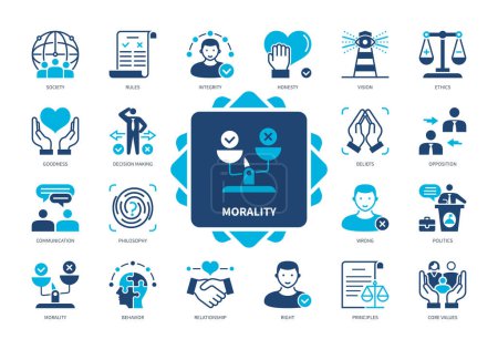 Illustration for Morality icon set. Right, Ethics, Wrong, Behaviour, Philosophy, Society, Decision Making, Core Values. Duotone color solid icons - Royalty Free Image