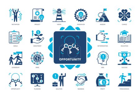 Illustration for Opportunity icon set. Goals, Perseverance, Mission, Determination, Education, Investment, Success, Idea. Duotone color solid icons - Royalty Free Image