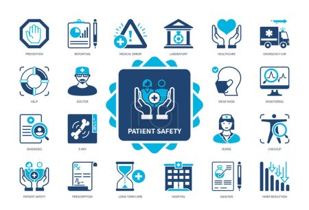 Patient Safety icon set. Hospital, Medical Error, Diagnosis, Harm Reduction, Laboratory, Health Care, Prevention, Prescription. Duotone color solid icons