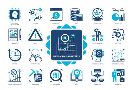 Illustration for Predictive Analytics icon set. Machine Learning, Data Mining, Statistics, Opportunities, Prediction, Analysis, Algorithm, Artificial Intelligence. Duotone color solid icons - Royalty Free Image