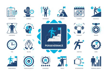 Illustration for Perseverance icon set. Goal Setting, Planning, Focus on Target, Confidence, Patience, Endurance, Determination, Ambition. Duotone color solid icons - Royalty Free Image
