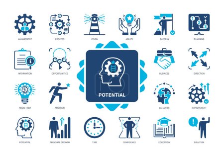 Illustration for Potential icon set. Management, Opportunity, Information, Education, Vision, Ability, Solution, Personal Growth. Duotone color solid icons - Royalty Free Image