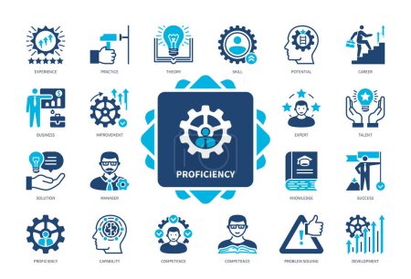 Illustration for Proficiency icon set. Theory, Practice, Skill, Experience, Solution, Knowledge, Problem Solving, Development. Duotone color solid icons - Royalty Free Image