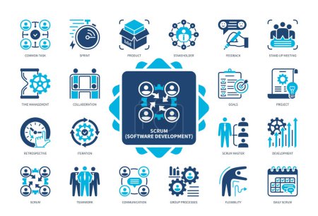 Illustration for Scrum icon set. Stakeholders, Sprint, Common Task, Collaboration, Iteration, Retrospective, Feedback, Development. Duotone color solid icons - Royalty Free Image