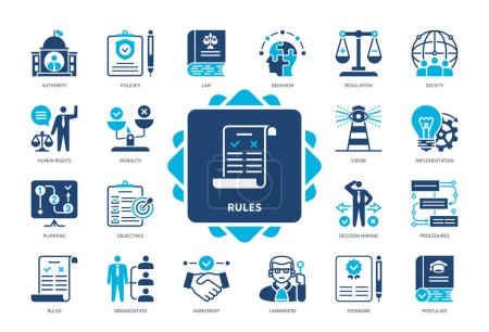 Illustration for Rules icon set. Implementation, Authority, Procedures, Decision Making, Lawmakers, Agreement, Morality, Regulations. Duotone color solid icons - Royalty Free Image