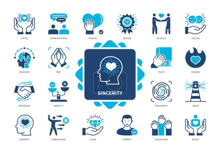 Illustration for Sincerity icon set. Honesty, Feelings, Beliefs, Virtue, Communication, Morality, Be Loved, Truth. Duotone color solid icons - Royalty Free Image