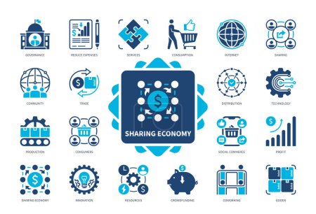 Ilustración de Conjunto de iconos de Sharing Economy. Recursos, Consumo, Crowdfunding, Innovaciones, Compartir, Reducir Gastos, Gobernanza, Beneficio, Distribución. Iconos sólidos de color duotono - Imagen libre de derechos
