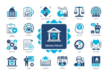 Illustration for Social Policy icon set. Government, Political Science, Legislation, Social Services, Labor, Welfare, Reform, Education. Duotone color solid icons - Royalty Free Image