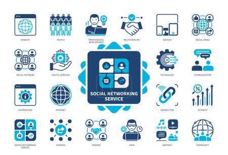 Illustration for Social Networking Service SNS icon set. Devices, Online Community, Content, Sharing, People, Digital Services, Relationship, Website. Duotone color solid icons - Royalty Free Image