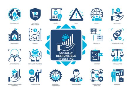 Illustration for Socially Responsible Investing SRI icon set. Environment, Corporate Governance, Finance, Shareholder, Project, Gender Diversity, investment, Social Justice. Duotone color solid icons - Royalty Free Image