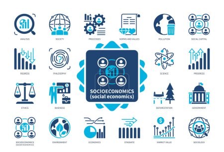 Illustration for Socioeconomics icon set. Norms and Values, Pollution, Analysis, Processes, Ethics, Sociology, Science, Social Capital. Duotone color solid icons - Royalty Free Image