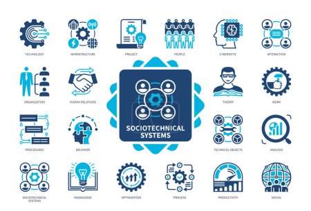 Illustration for Sociotechnical Systems icon set. Technology, Cybernetic, Interaction, Human Relation, Procedures, Infrastructure, Theory, Work. Duotone color solid icons - Royalty Free Image