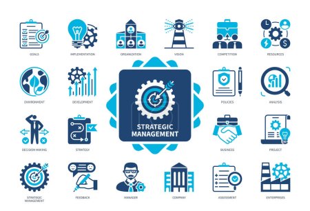 Strategisches Management Icon gesetzt. Ziele, Planung, Entscheidungsfindung, Analyse, Umwelt, Unternehmen, Vision, Ressourcen. Duotonfarbe einfarbige Symbole
