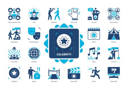 Illustration for Celebrity icon set. Public Recognition, Paparazzi, Music, Mass Media, Movie Star, Fame, Ceremony, Internet. Duotone color solid icons - Royalty Free Image