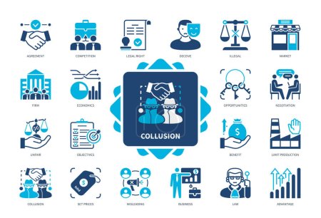 Illustration for Collusion icon set. Legal Right, Opportunities, Misleading, Set Prices, Competition, Limit Production, Economics, Agreement. Duotone color solid icons - Royalty Free Image