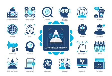 Illustration for Conspiracy Theory icon set. Shadow Government, Evidence, Propaganda, Prejudices, Paranoia, Falsification, Relatives, Society, Politics. Duotone color solid icons - Royalty Free Image