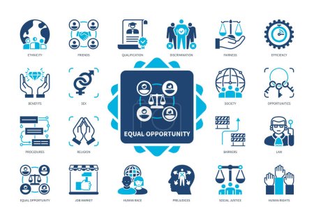 Equal Opportunity icon set. Ethnicity, Human Rights, Discrimination, Sex, Human Race, Social Justice, Fairness, Opportunities. Duotone color solid icons