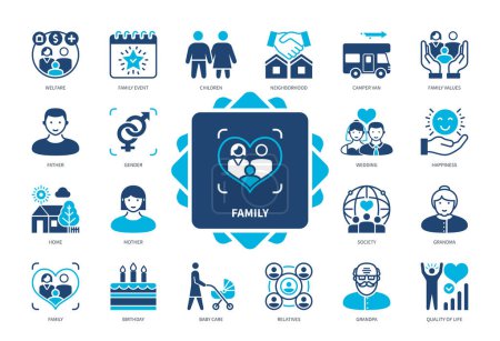 Illustration for Family icon set. Welfare, Wedding, Society, Children, Home, Birthday, Relatives, Baby Care. Duotone color solid icons - Royalty Free Image
