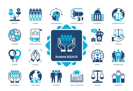 Human Rights icon set. Human Behavior, Religion, Fairness, Ethnic Origin, Democracy, Fair Trial, Freedom, Language. Duotone color solid icons