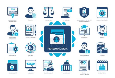 Personal Data icon set. Information, Biometric Data, Regulation, Identity, Social Security Number, Privacy, Password, Control. Duotone color solid icons
