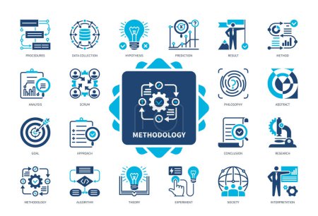 Illustration for Methodology icon set. Data Collection, Hypothesis, Scrum, Prediction, Theory, Approach, Interpretation, Philosophy. Duotone color solid icons - Royalty Free Image