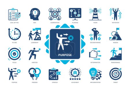Illustration for Purpose icon set. Goal Settings, Freedom, Planning, Coordination, Motivation, Ambition, Target, Determination. Duotone color solid icons - Royalty Free Image